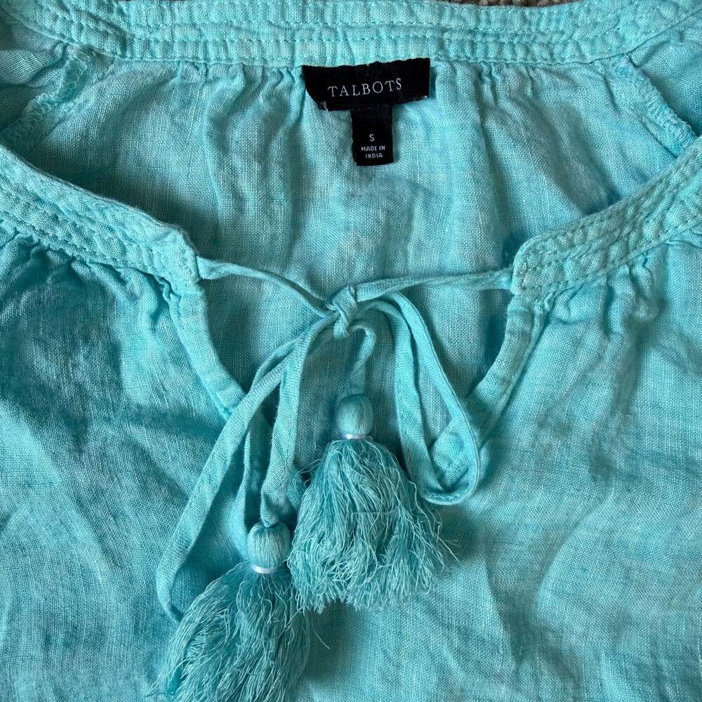 Talbots 100% Linen Tassel Top Aqua Blue Boho Coastal Cottagecore Chic Sumner - Picture 3 of 6